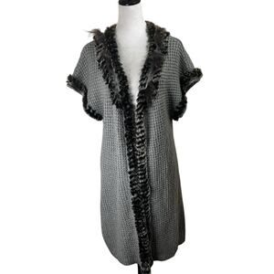 Alberto Makali Gray Knit Cardigan Vest w/ Real Rabbit & Fox Fur Trim Size L